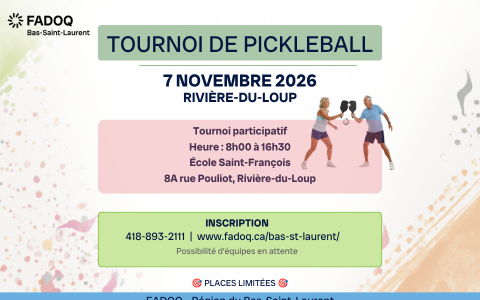 Tournois de Pickleball - Rivière-du-Loup - 7 Novembre 2026