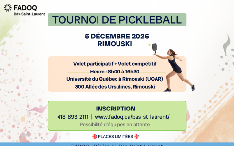 Tournois de pickleball - Rimouski - 5 Décembre 2026